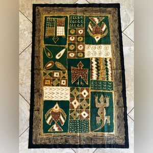 African Wax Fabric Batik Wall Hanging Vintage. Green, gold, brown, tan. CLEAN